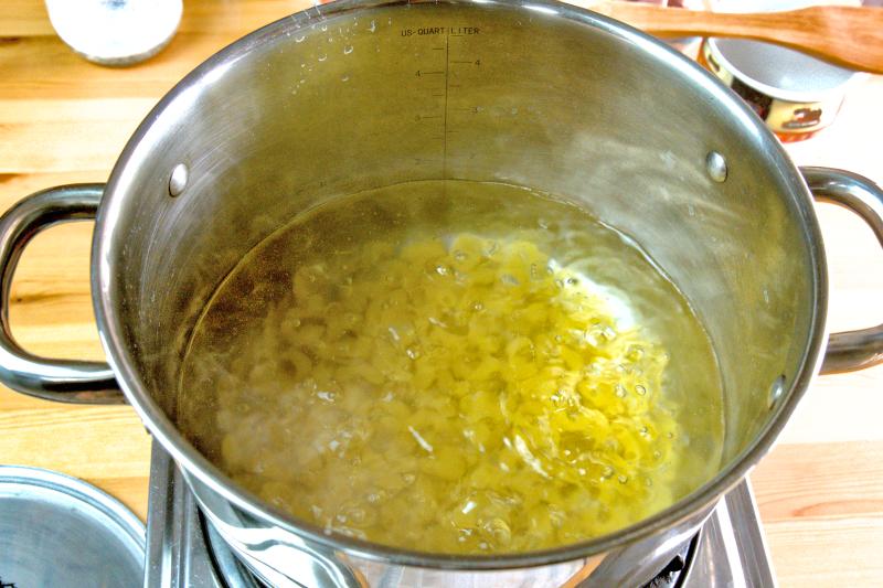 Drain the macaroni in a colander and set aside.